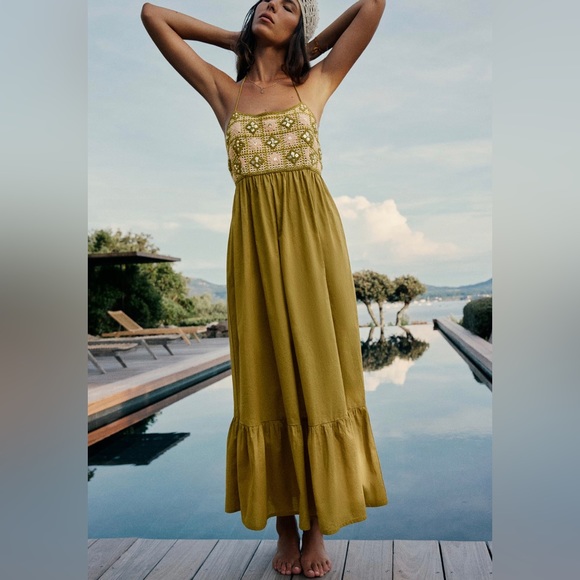 KHAKI BEADED MIDI CROCHET DRESS - Picture 1 of 8